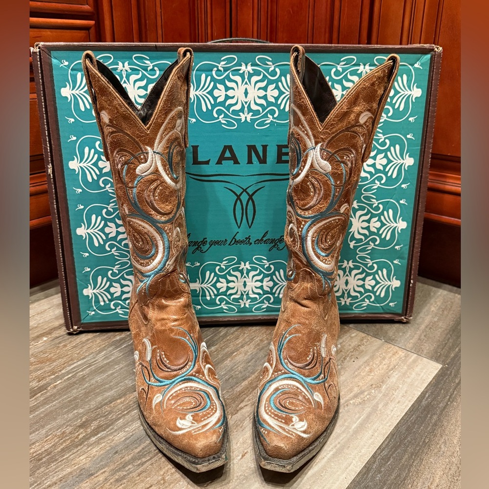 Lane Brown and Turquoise Embroidered Wedding Western Cowgirl Cowboy Boots 7.5